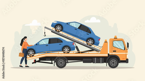 A tow truck transports two blue cars with a woman standing beside it, holding a briefcase