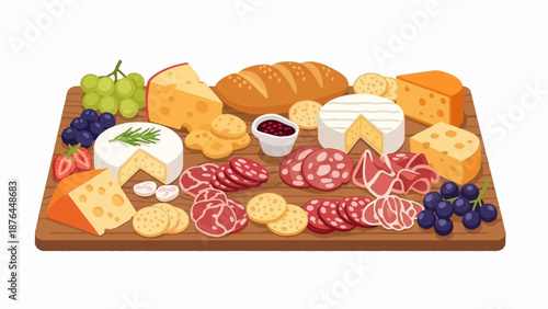 Assortment of cheeses, cured meats, bread, grapes, strawberries, and crackers on a wooden board