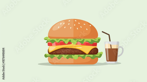 A stylized, flat illustration of a cheeseburger and a cup of coffee on a pastel green background