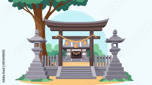 A traditional Japanese shrine gate, temple, and stone lanterns stand beneath a large tree