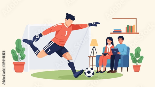 A soccer goalie practices his kick while a couple relaxes at home with their devices