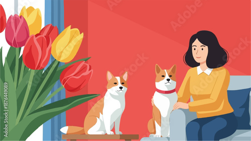 A woman and two dogs sit in a room with a bouquet of tulips