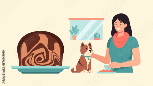 A woman feeds her dog near a large marble cake and a potted plant