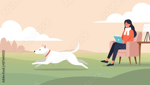 A woman in a chair uses a laptop while a white dog runs on the grass
