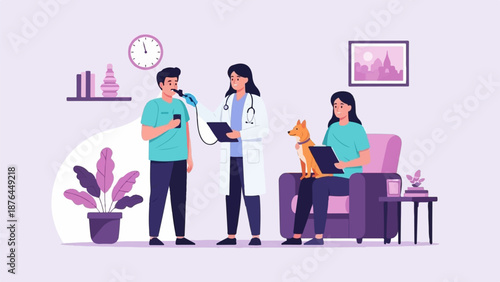 A vet checks a man's pet, while his owner waits