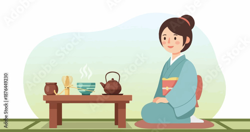 A woman in a kimono performs a traditional tea ceremony with a whisk, bowl, and teapot