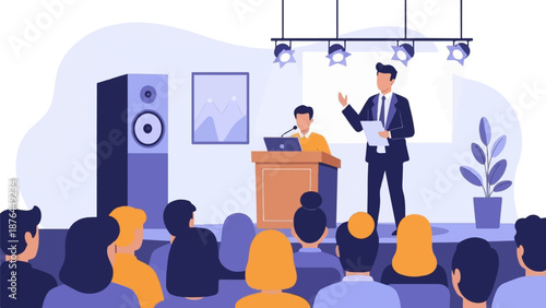 A speaker addresses an audience on a stage with a podium, laptop, and projector