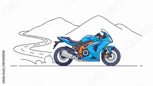A vibrant blue motorcycle speeds along a winding road with rolling hills in the background