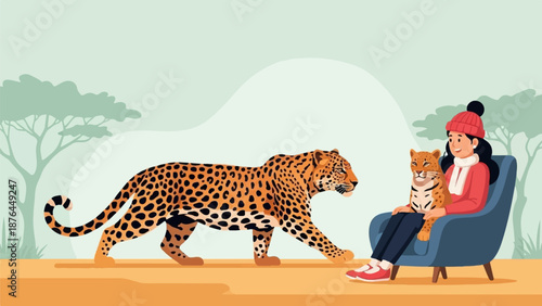 A woman in a red hat and coat holds a leopard cub in a blue chair. A leopard walks nearby