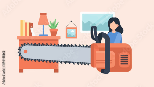 A stylized illustration of a woman emerging from a chainsaw on a desk with books, a lamp, and plants