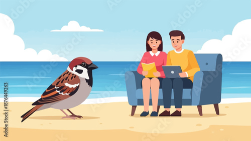 A sparrow stands on a beach while a couple sits on a sofa enjoying leisure time by the ocean