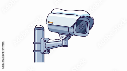 A stylized illustration of a security camera on a pole, covered in a dusting of snow