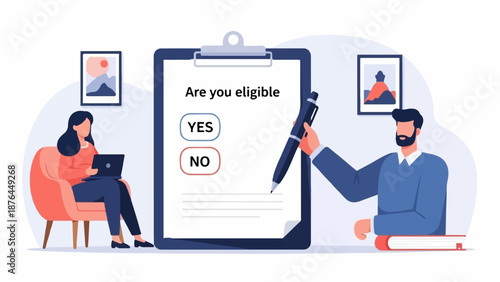 A woman on a laptop sits while a man holds a pen over a "yes/no" eligibility form