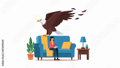A woman on a couch is startled by a large eagle that has landed on its backrest