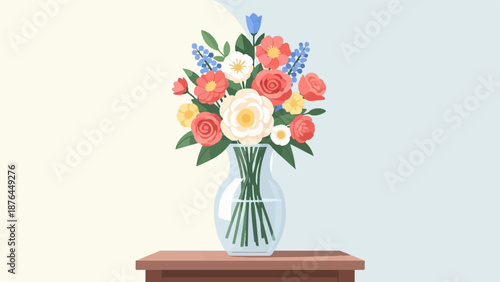 A vibrant bouquet of roses, daisies, and blue flowers in a clear glass vase sits on a wooden table