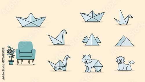 A playful collection of light blue origami figures, including boats, cranes, mountains, and dogs, arranged on a pale background
