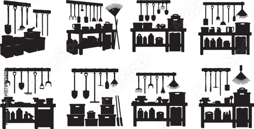 Black kitchen utensils and appliances silhouette set collection