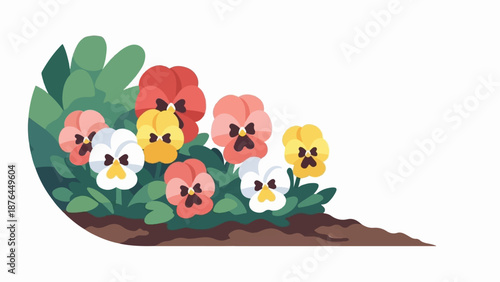 A vibrant cluster of pansies in various colors bloom in lush green foliage against a white background