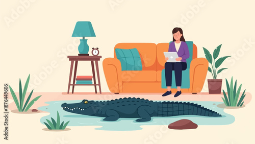 A woman relaxes on a couch with a laptop while a crocodile rests in water nearby