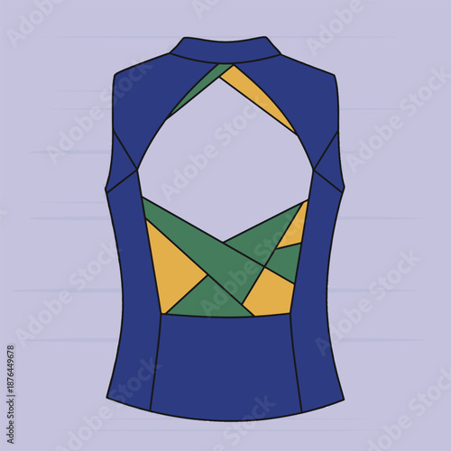 Colorful cutout back blue long sleeved top with green and orange accents