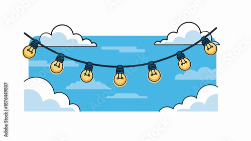 A string of glowing bulbs hangs against a bright blue sky filled with fluffy clouds