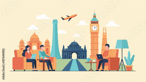 A vibrant flat illustration of London landmarks with people working remotely on laptops