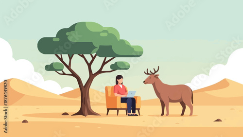 A woman sits in a chair under a tree with a laptop as a deer stands nearby in a desert landscape