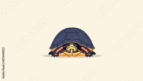 A pixelated painted turtle with a dark blue shell and orange and yellow striped skin