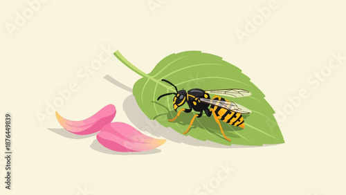 A striped insect with black and yellow markings rests on a green leaf, with pink petals nearby