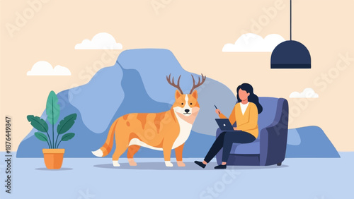 A woman sits in a chair with a laptop, a dog with antlers stands beside her