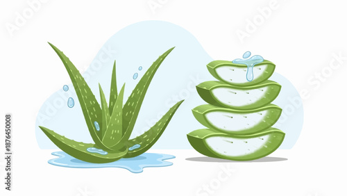 A vibrant illustration of aloe vera, with lush green leaves and sliced pieces showcasing its gel