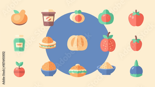 A vibrant, minimalist arrangement of food icons includes fruits, vegetables, sandwiches, and beverages