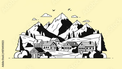 A stylized, black-and-white village nestled in a mountain valley with a lone animal