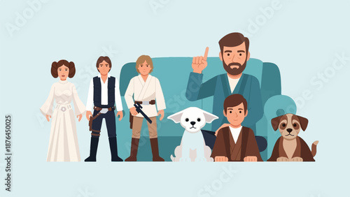 A pixelated illustration of a fictional family with two dogs