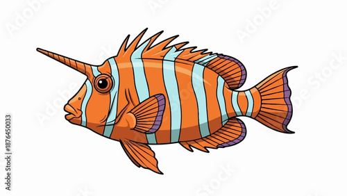 A vibrant orange and blue striped fish with a long horn