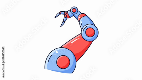A stylized robotic arm, colored red and blue, with articulated joints and a pincer-like end effector