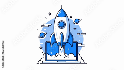 A stylized rocket launching from a laptop screen, set against a cosmic backdrop