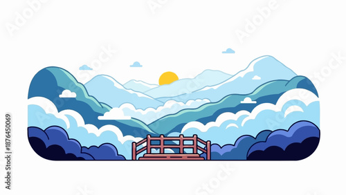 A stylized bridge overlooks layered blue mountains under a yellow sun and scattered clouds