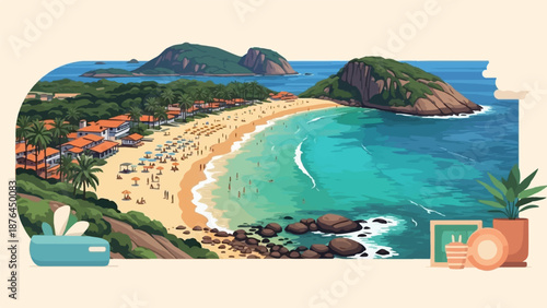 A vibrant pixel art scene captures a lively beach with sunbathers, swimmers, and coastal buildings under tropical hills