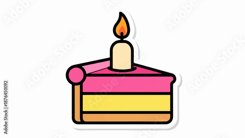 A stylized slice of multi-layered cake with a lit candle on top