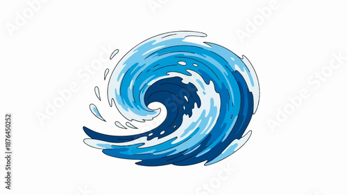 A stylized, swirling blue wave with white foam crests and droplets