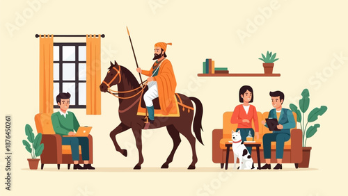 A vibrant room scene with people, a dog, and a historical figure on horseback