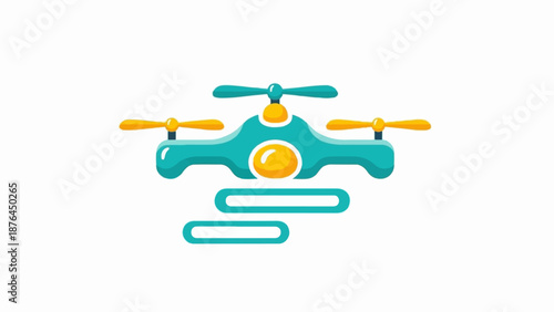 A stylized teal drone with yellow propellers and a central yellow orb, hovering above blue lines