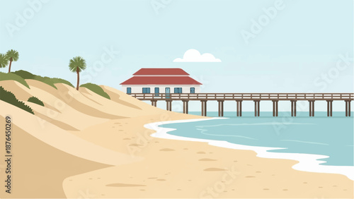 A pixelated beach scene features sand dunes, palm trees, and a pier extending into calm blue water