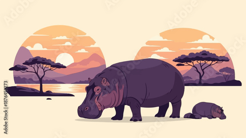 A pixel art scene of two hippos with a savanna landscape and sunset in the background