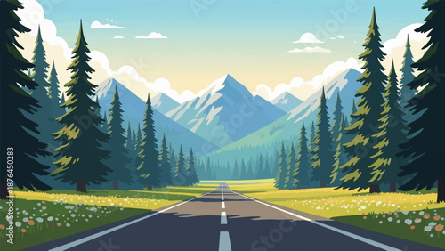 A pixel art road leads through a forest to snow-capped mountains under a blue sky