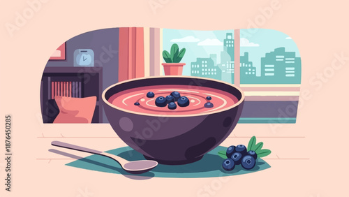 A pixel art scene shows a breakfast bowl of berries, a spoon, and a city view through a window