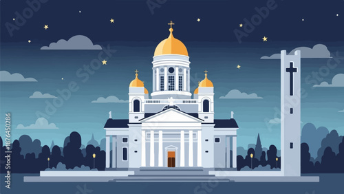 A pixel art night scene of a grand white cathedral with golden domes and a tall cross tower