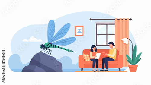 A vibrant, stylized illustration depicting two people in an orange couch, while a large dragonfly rests on a rock