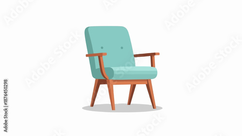A stylized, vintage-inspired armchair with a turquoise seat and wood-toned frame